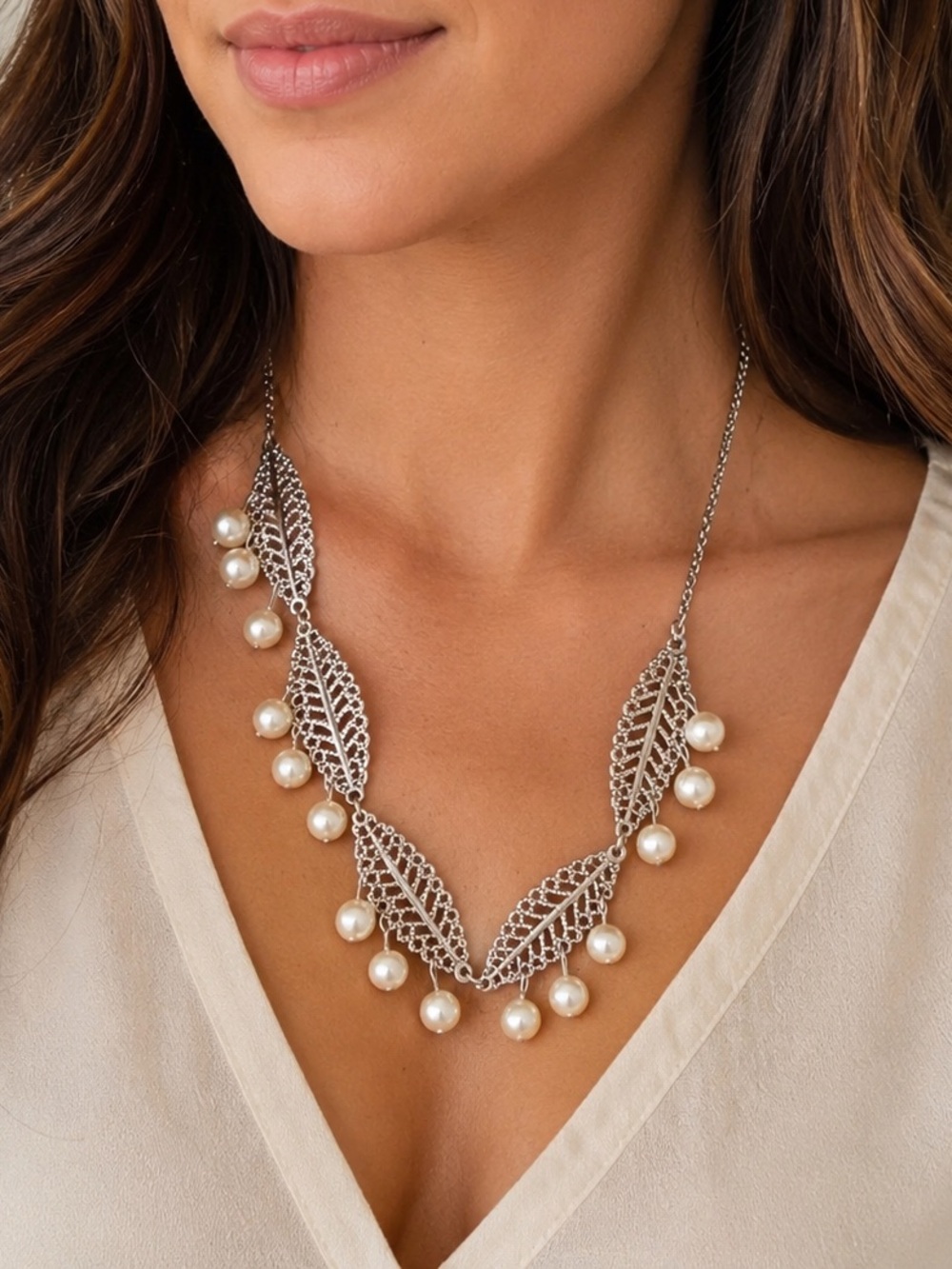 Nadine West Silver Tone Filigree Leaf Faux Pearl Statement Necklace Boho Nature